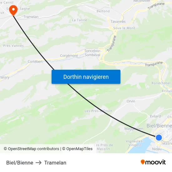 Biel/Bienne to Tramelan map