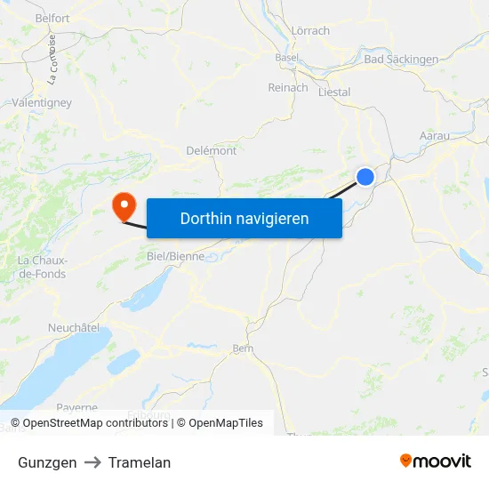 Gunzgen to Tramelan map