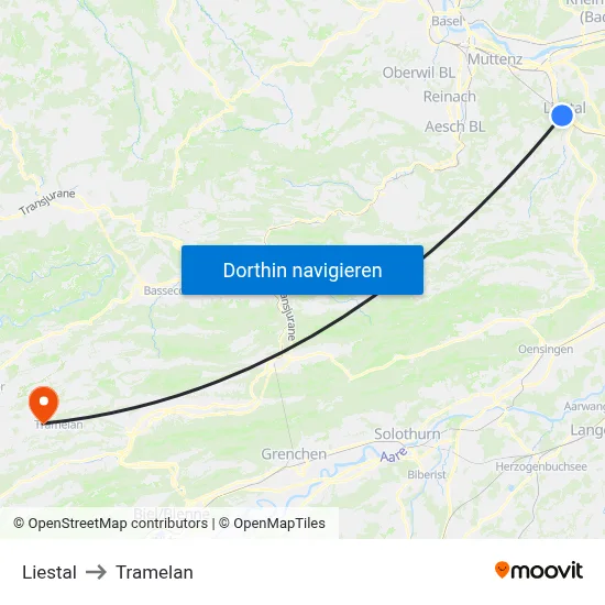 Liestal to Tramelan map