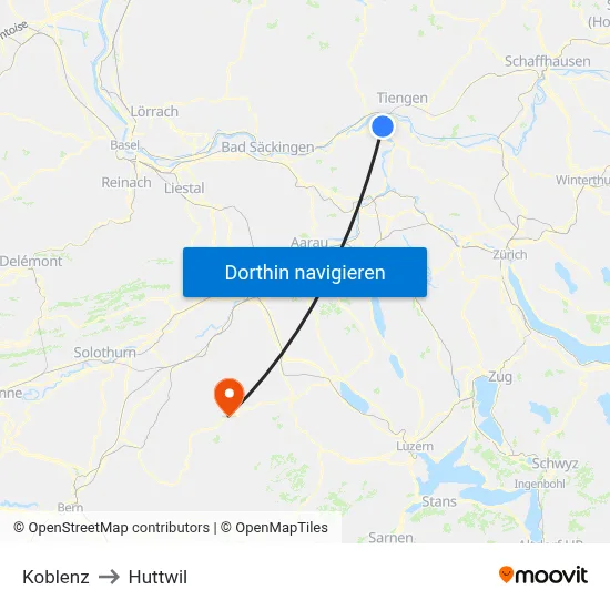 Koblenz to Huttwil map