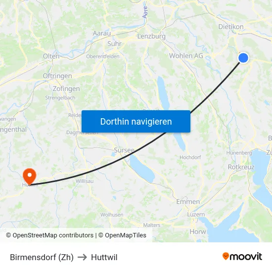 Birmensdorf (Zh) to Huttwil map