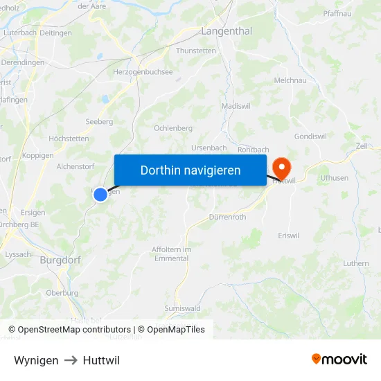 Wynigen to Huttwil map