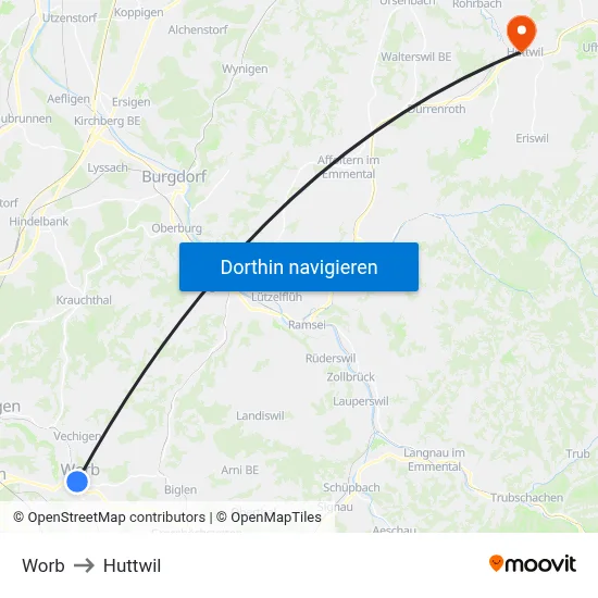Worb to Huttwil map