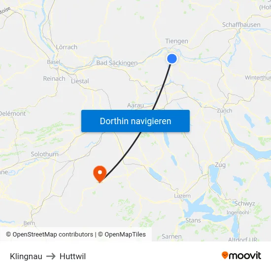 Klingnau to Huttwil map
