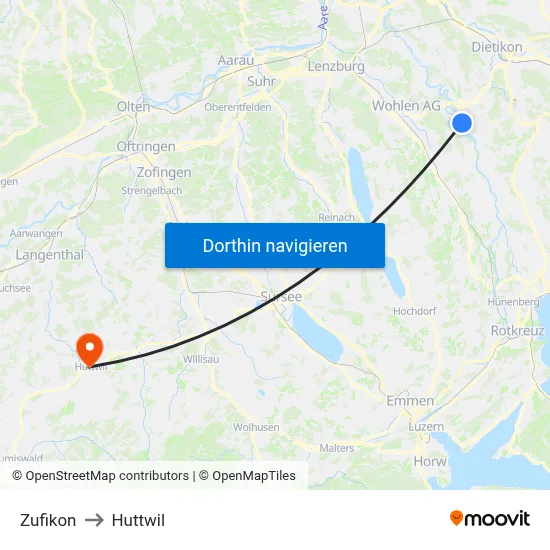 Zufikon to Huttwil map