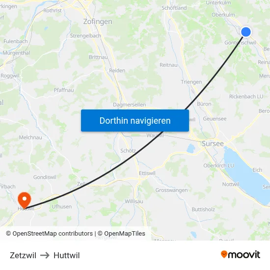 Zetzwil to Huttwil map