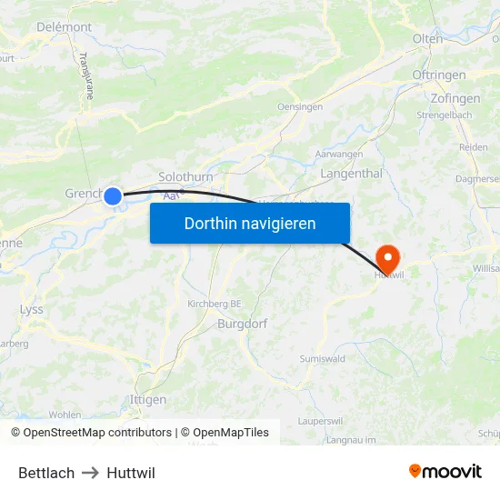 Bettlach to Huttwil map