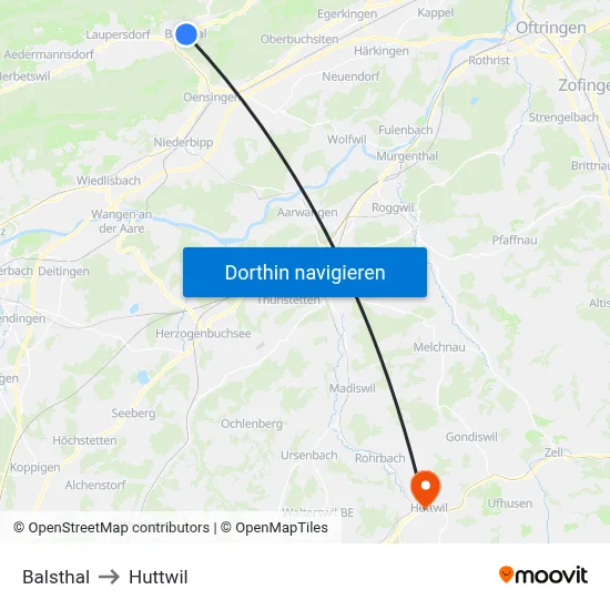 Balsthal to Huttwil map