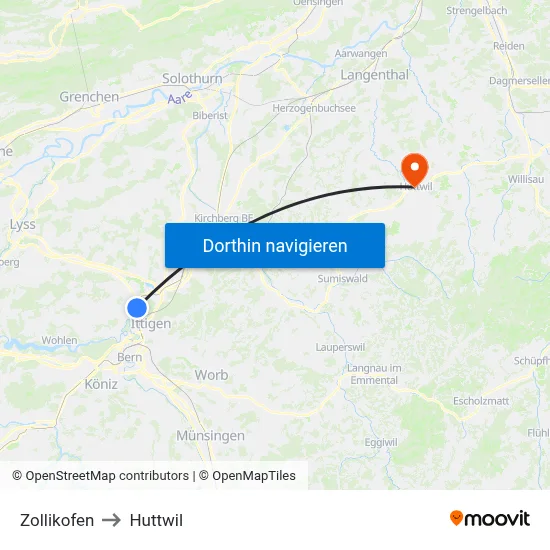 Zollikofen to Huttwil map