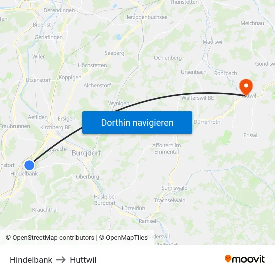 Hindelbank to Huttwil map