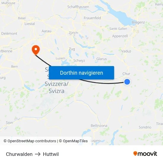 Churwalden to Huttwil map