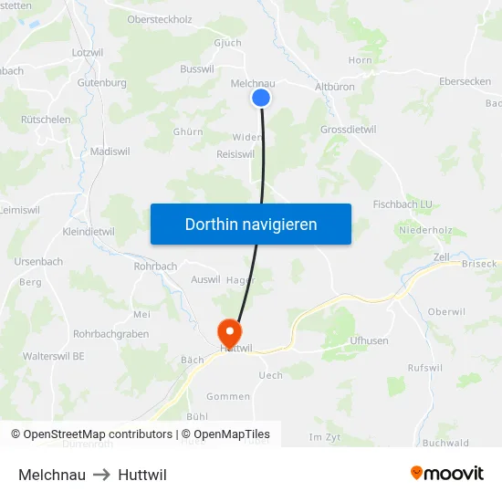 Melchnau to Huttwil map