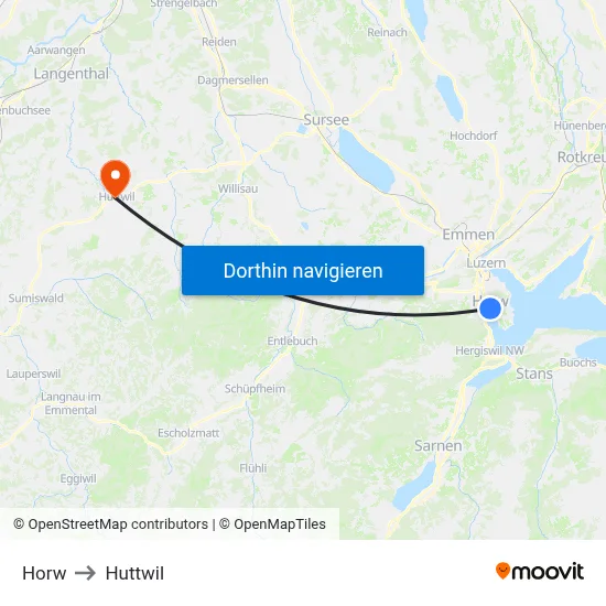 Horw to Huttwil map
