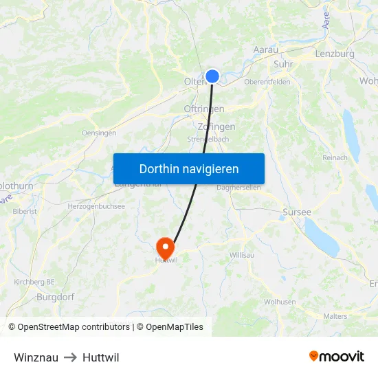 Winznau to Huttwil map