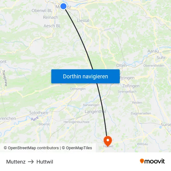 Muttenz to Huttwil map
