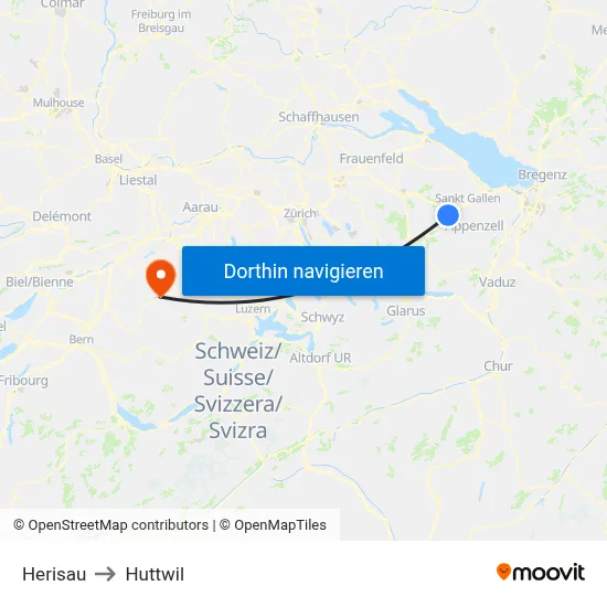 Herisau to Huttwil map