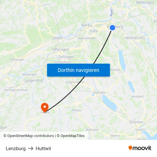 Lenzburg to Huttwil map
