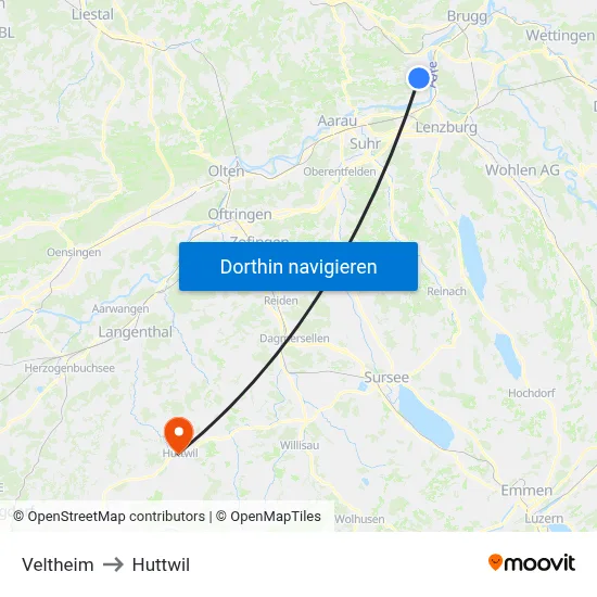 Veltheim to Huttwil map