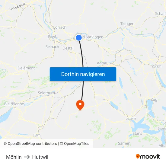 Möhlin to Huttwil map