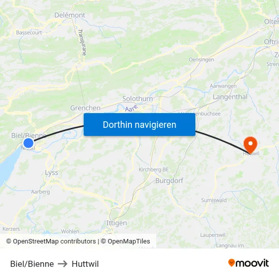 Biel/Bienne to Huttwil map