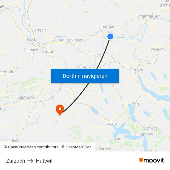 Zurzach to Huttwil map