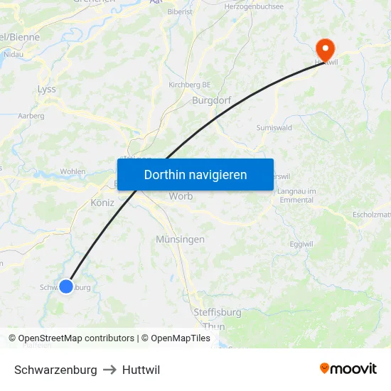 Schwarzenburg to Huttwil map