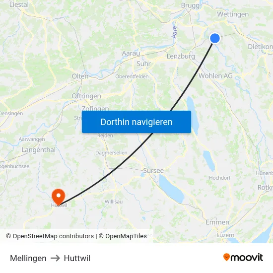 Mellingen to Huttwil map