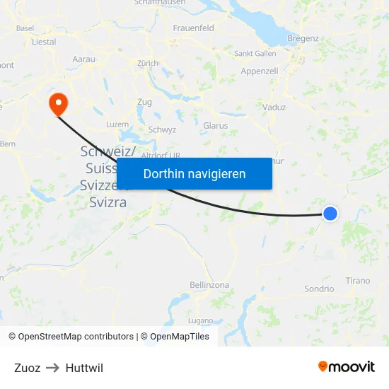 Zuoz to Huttwil map
