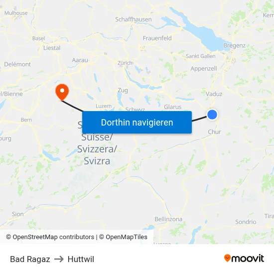 Bad Ragaz to Huttwil map