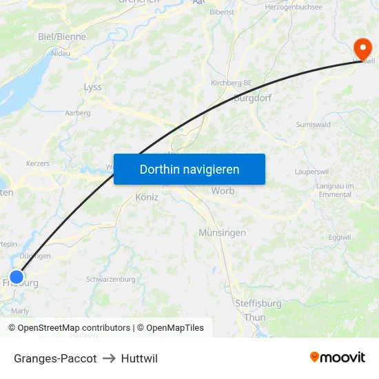 Granges-Paccot to Huttwil map