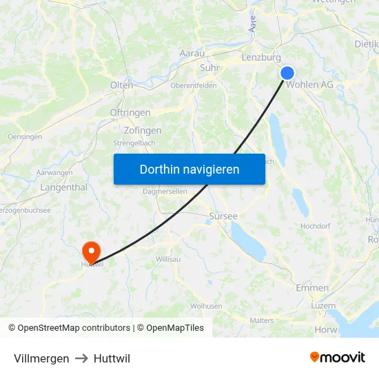 Villmergen to Huttwil map