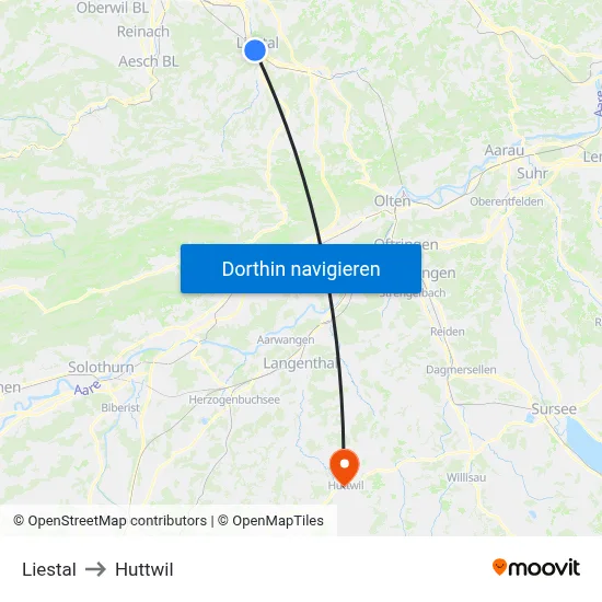 Liestal to Huttwil map