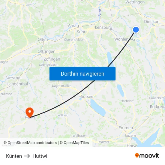 Künten to Huttwil map