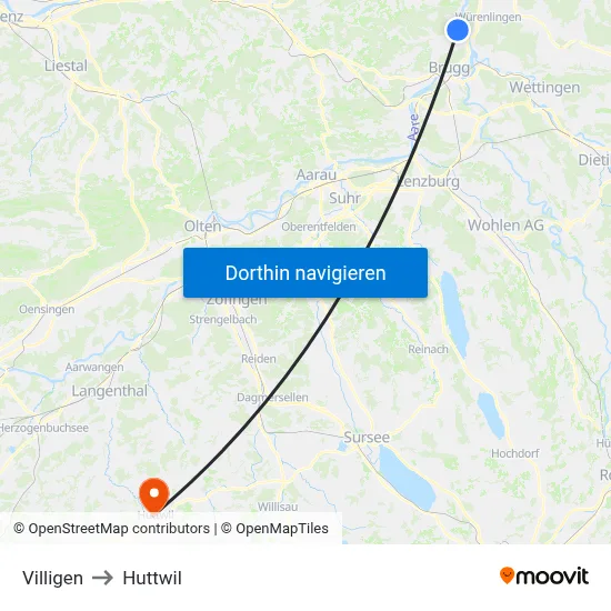 Villigen to Huttwil map