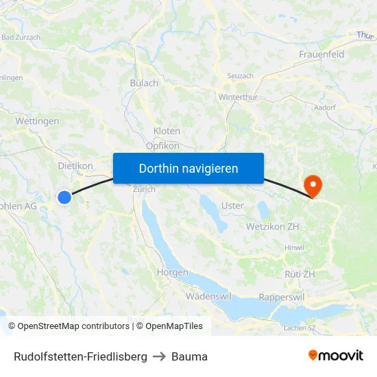 Rudolfstetten-Friedlisberg to Bauma map
