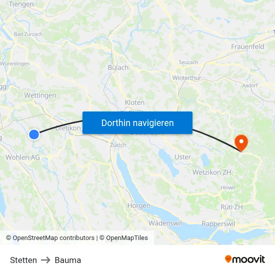 Stetten to Bauma map