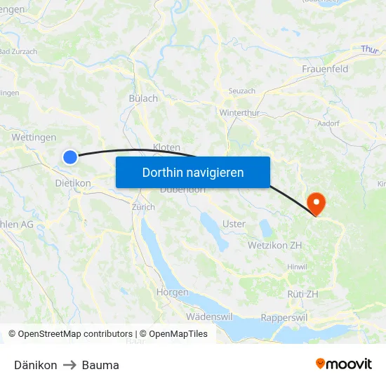 Dänikon to Bauma map