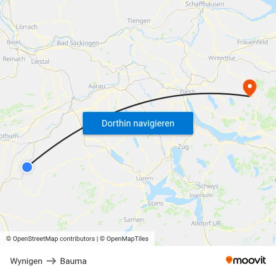 Wynigen to Bauma map