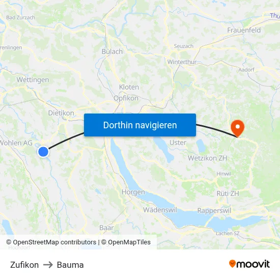 Zufikon to Bauma map