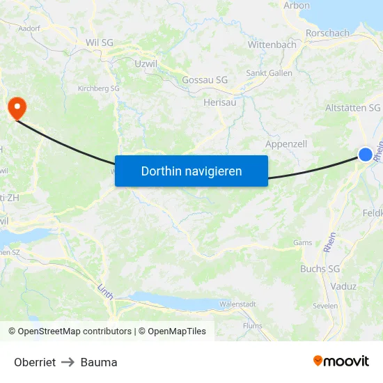 Oberriet to Bauma map