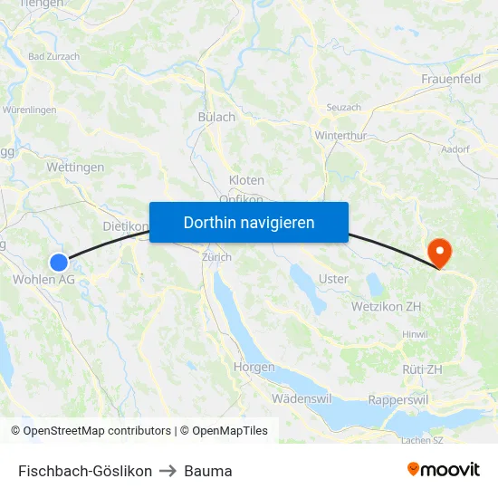 Fischbach-Göslikon to Bauma map
