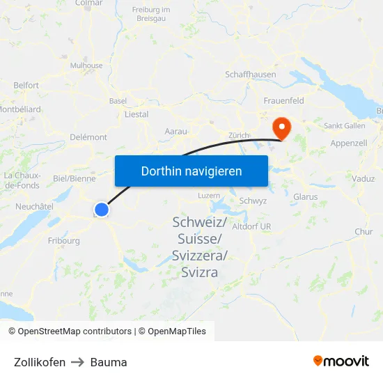 Zollikofen to Bauma map