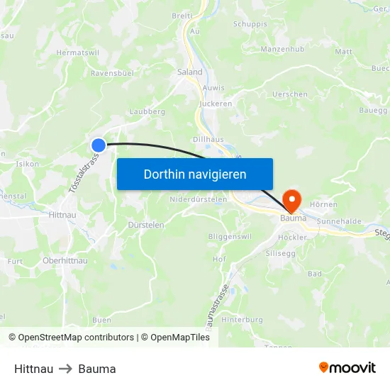 Hittnau to Bauma map
