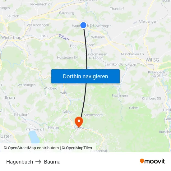 Hagenbuch to Bauma map