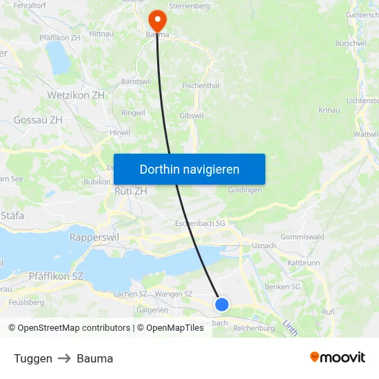 Tuggen to Bauma map