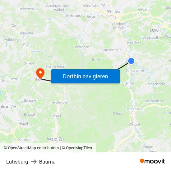 Lütisburg to Bauma map
