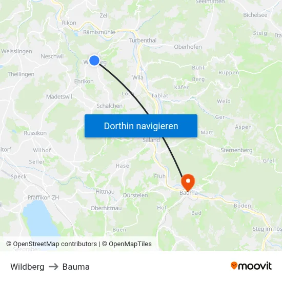 Wildberg to Bauma map
