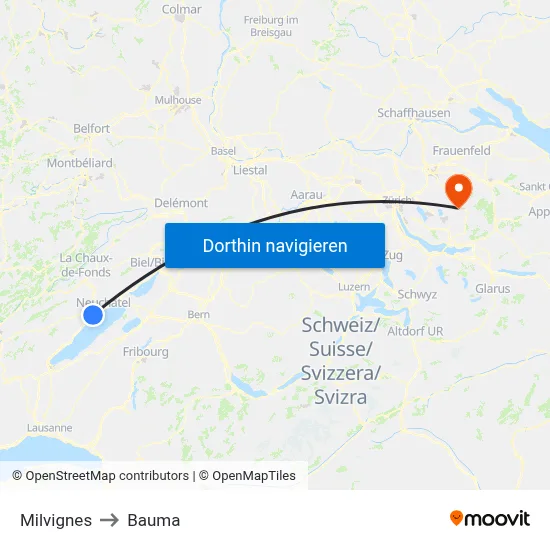 Milvignes to Bauma map