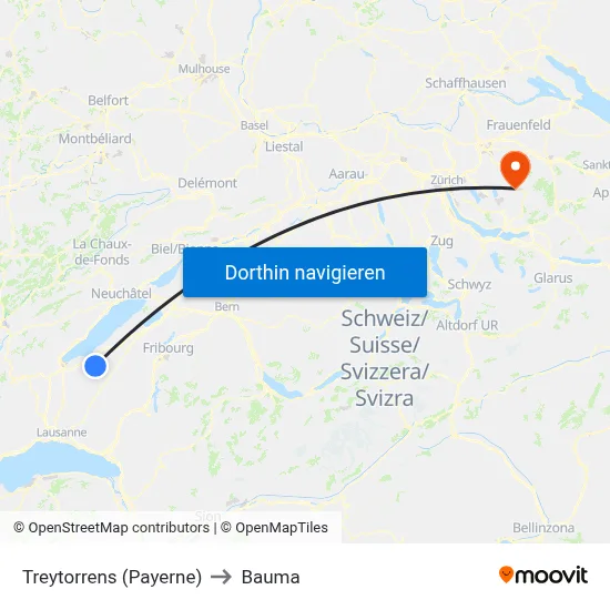 Treytorrens (Payerne) to Bauma map