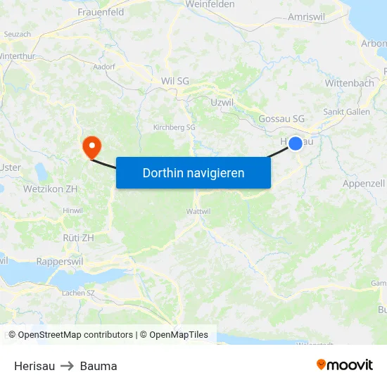 Herisau to Bauma map